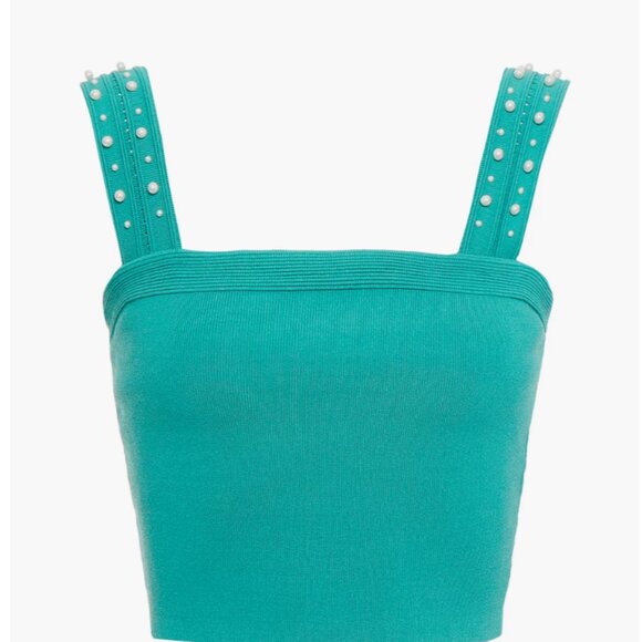 SANDRO Omel cropped embellished ponte top Jade Green Spring summer faux pearl 10 - Picture 2 of 4